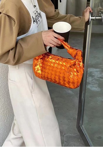 Dina Small Knotted Intrecciato Vegan Leather Tote Metallic Orange
