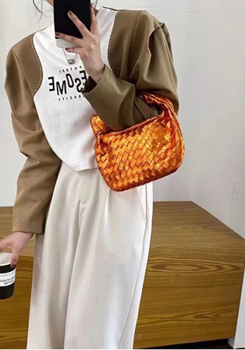Dina Small Knotted Intrecciato Vegan Leather Tote Metallic Orange