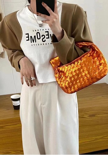 Dina Small Knotted Intrecciato Vegan Leather Tote Metallic Orange