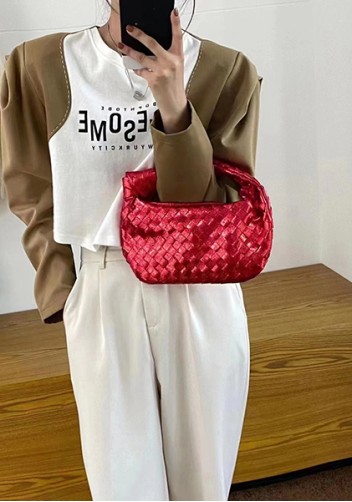 Dina Small Knotted Intrecciato Vegan Leather Tote Metallic Red