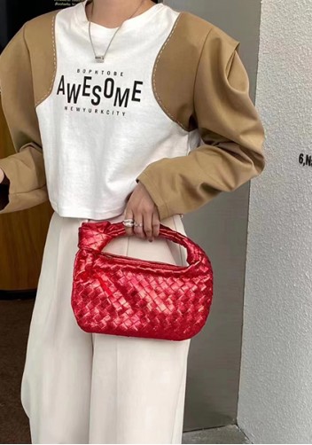 Dina Small Knotted Intrecciato Vegan Leather Tote Metallic Red
