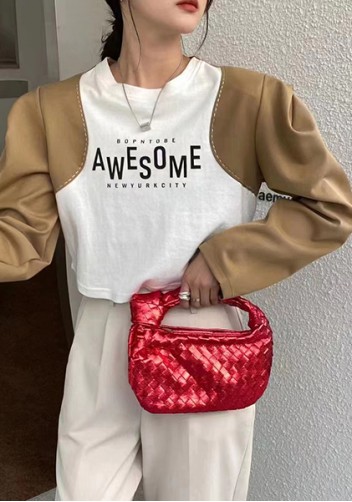 Dina Small Knotted Intrecciato Vegan Leather Tote Metallic Red