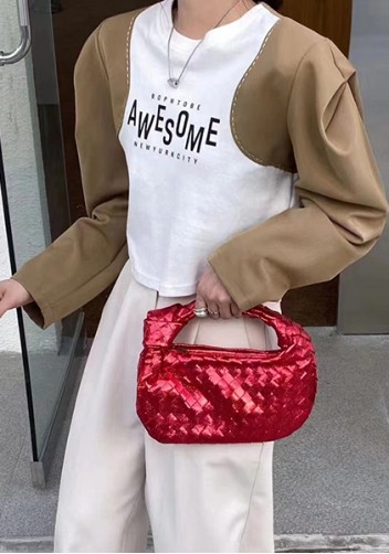 Dina Small Knotted Intrecciato Vegan Leather Tote Metallic Red
