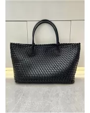 Grand Boulevard Woven Large Leather Tote Black