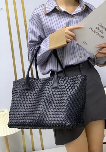 Grand Boulevard Woven Large Leather Tote Black