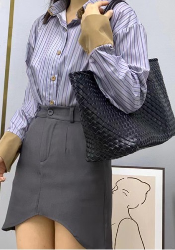 Grand Boulevard Woven Large Leather Tote Black
