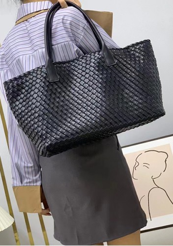 Grand Boulevard Woven Large Leather Tote Black