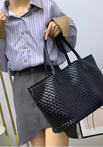 Grand Boulevard Woven Large Leather Tote Black
