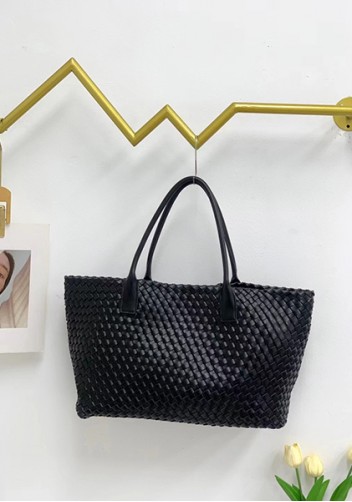 Grand Boulevard Woven Large Leather Tote Black