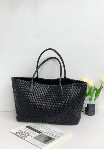 Grand Boulevard Woven Large Leather Tote Black