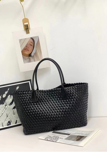 Grand Boulevard Woven Large Leather Tote Black