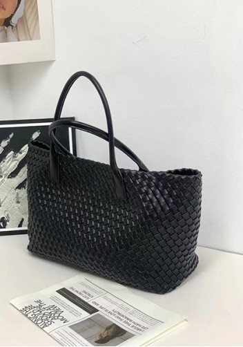 Grand Boulevard Woven Large Leather Tote Black