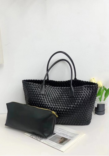 Grand Boulevard Woven Large Leather Tote Black
