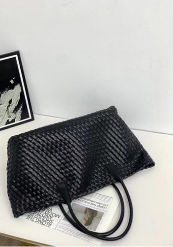 Grand Boulevard Woven Large Leather Tote Black