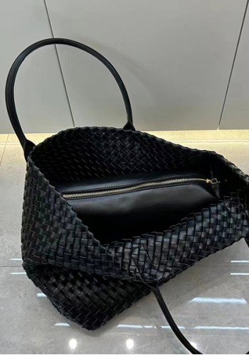 Grand Boulevard Woven Large Leather Tote Black