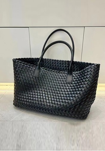 Grand Boulevard Woven Large Leather Tote Black