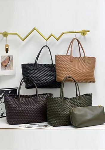 Grand Boulevard Woven Large Leather Tote Black