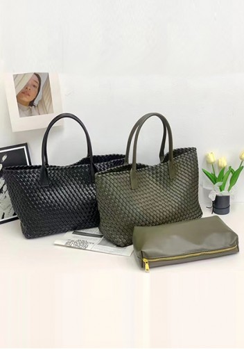 Grand Boulevard Woven Large Leather Tote Black
