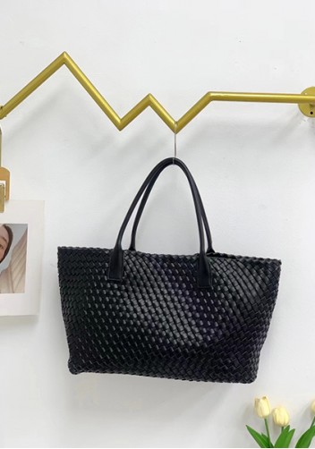 Grand Boulevard Woven Large Leather Tote Black