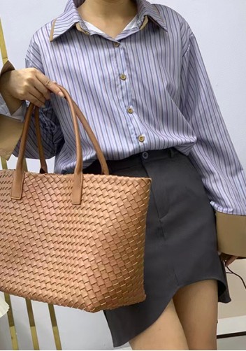 Grand Boulevard Woven Large Leather Tote Camel