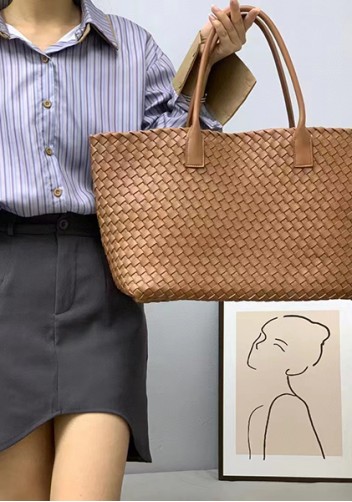 Grand Boulevard Woven Large Leather Tote Camel