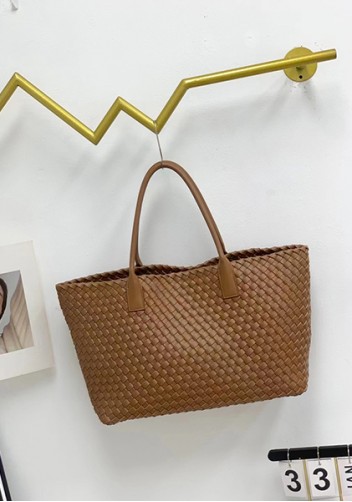 Grand Boulevard Woven Large Leather Tote Camel