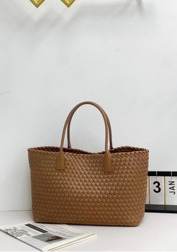 Grand Boulevard Woven Large Leather Tote Camel
