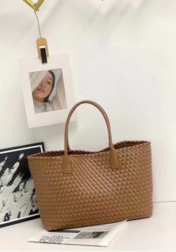 Grand Boulevard Woven Large Leather Tote Camel