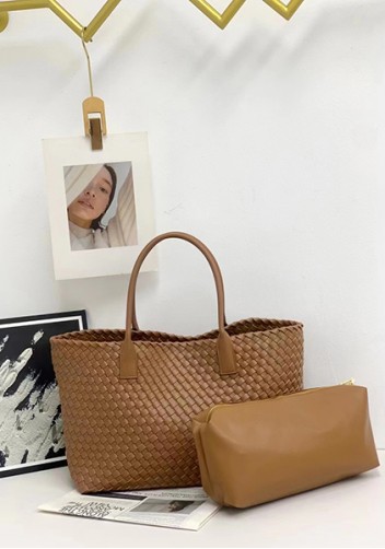 Grand Boulevard Woven Large Leather Tote Camel