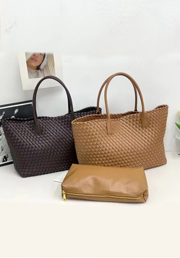 Grand Boulevard Woven Large Leather Tote Camel