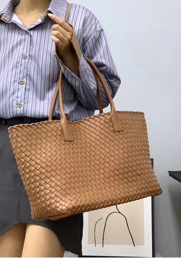 Grand Boulevard Woven Large Leather Tote Camel