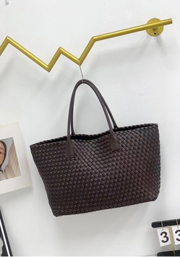 Grand Boulevard Woven Large Leather Tote Choco