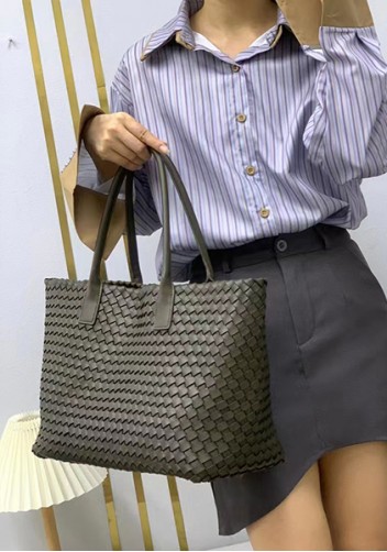 Grand Boulevard Woven Large Leather Tote Green