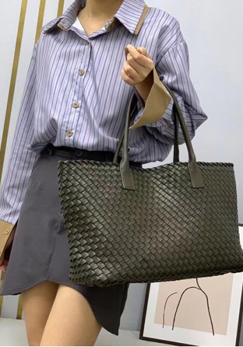 Grand Boulevard Woven Large Leather Tote Green