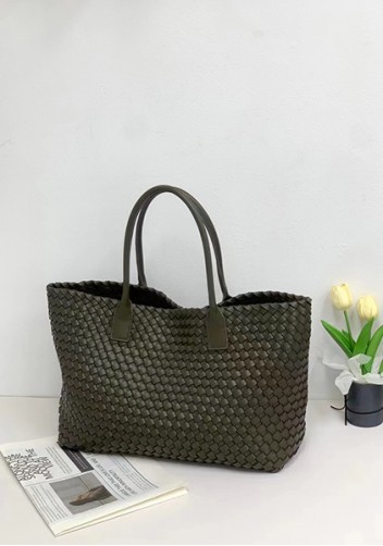 Grand Boulevard Woven Large Leather Tote Green