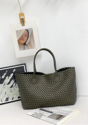 Grand Boulevard Woven Large Leather Tote Green