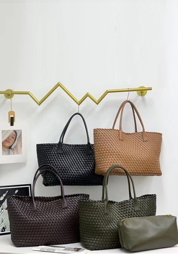 Grand Boulevard Woven Large Leather Tote Green