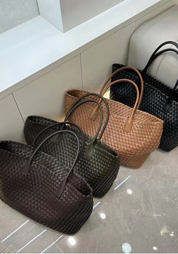 Grand Boulevard Woven Large Leather Tote Green