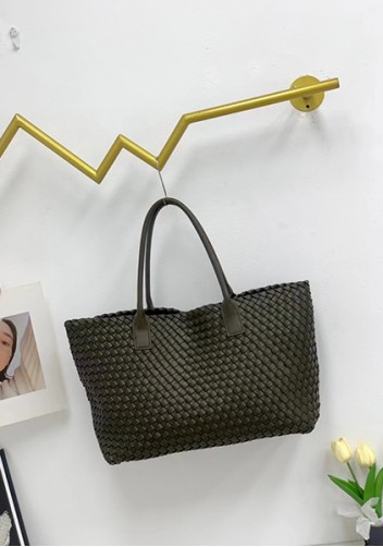 Grand Boulevard Woven Large Leather Tote Green