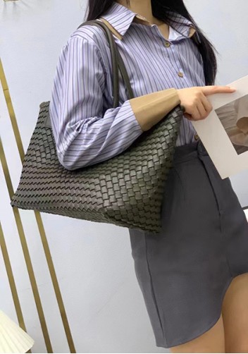 Grand Boulevard Woven Large Leather Tote Green
