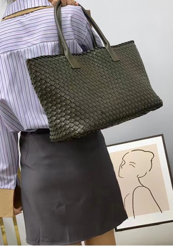 Grand Boulevard Woven Large Leather Tote Green