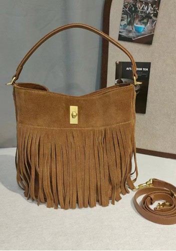 Shimanne Suede Leather Fringe Shoulder Bag Camel