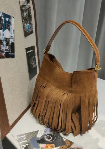 Shimanne Suede Leather Fringe Shoulder Bag Camel