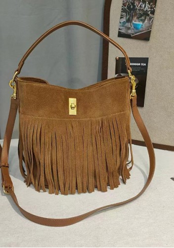 Shimanne Suede Leather Fringe Shoulder Bag Camel