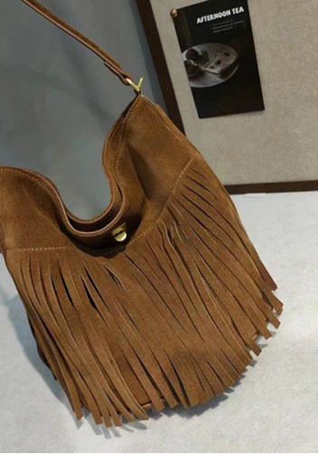 Shimanne Suede Leather Fringe Shoulder Bag Camel