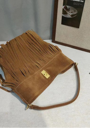 Shimanne Suede Leather Fringe Shoulder Bag Camel