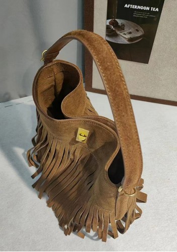 Shimanne Suede Leather Fringe Shoulder Bag Camel
