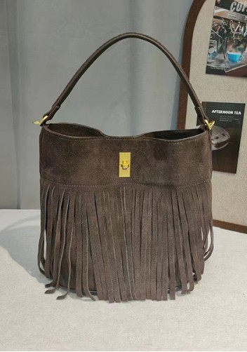Shimanne Suede Leather Fringe Shoulder Bag Choco