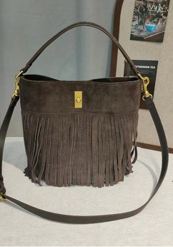 Shimanne Suede Leather Fringe Shoulder Bag Choco