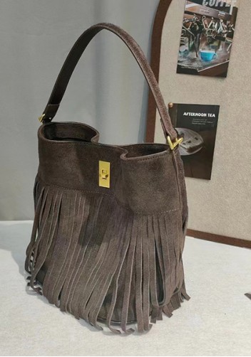 Shimanne Suede Leather Fringe Shoulder Bag Choco